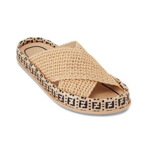 Fendi Womens Reflection Crisscross Slide Sandals Raffia Straps Woven Logo 38
